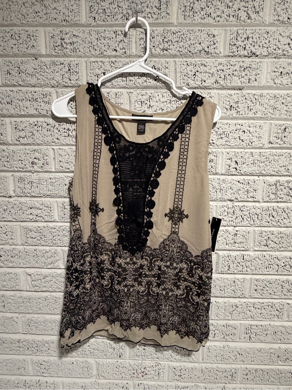 Alfani Beige Tank Top with Black Lace Bib